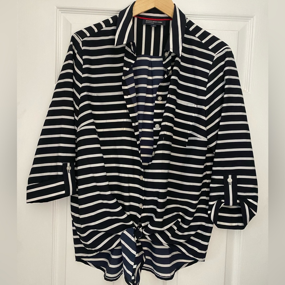 Navy blue and white button striped shirt size large